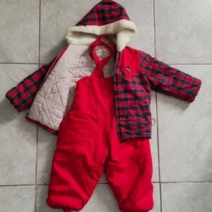 Vintage Red Plaid Hooded Jacket with Overalls